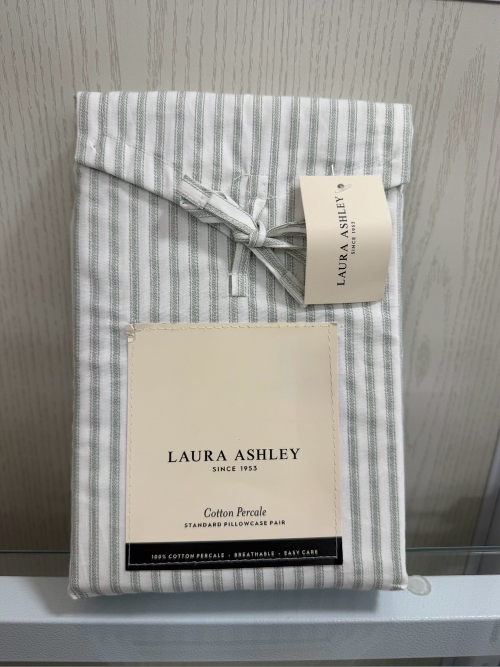 Laura Ashley Green and White Ticking Stripe Pillowcase Set